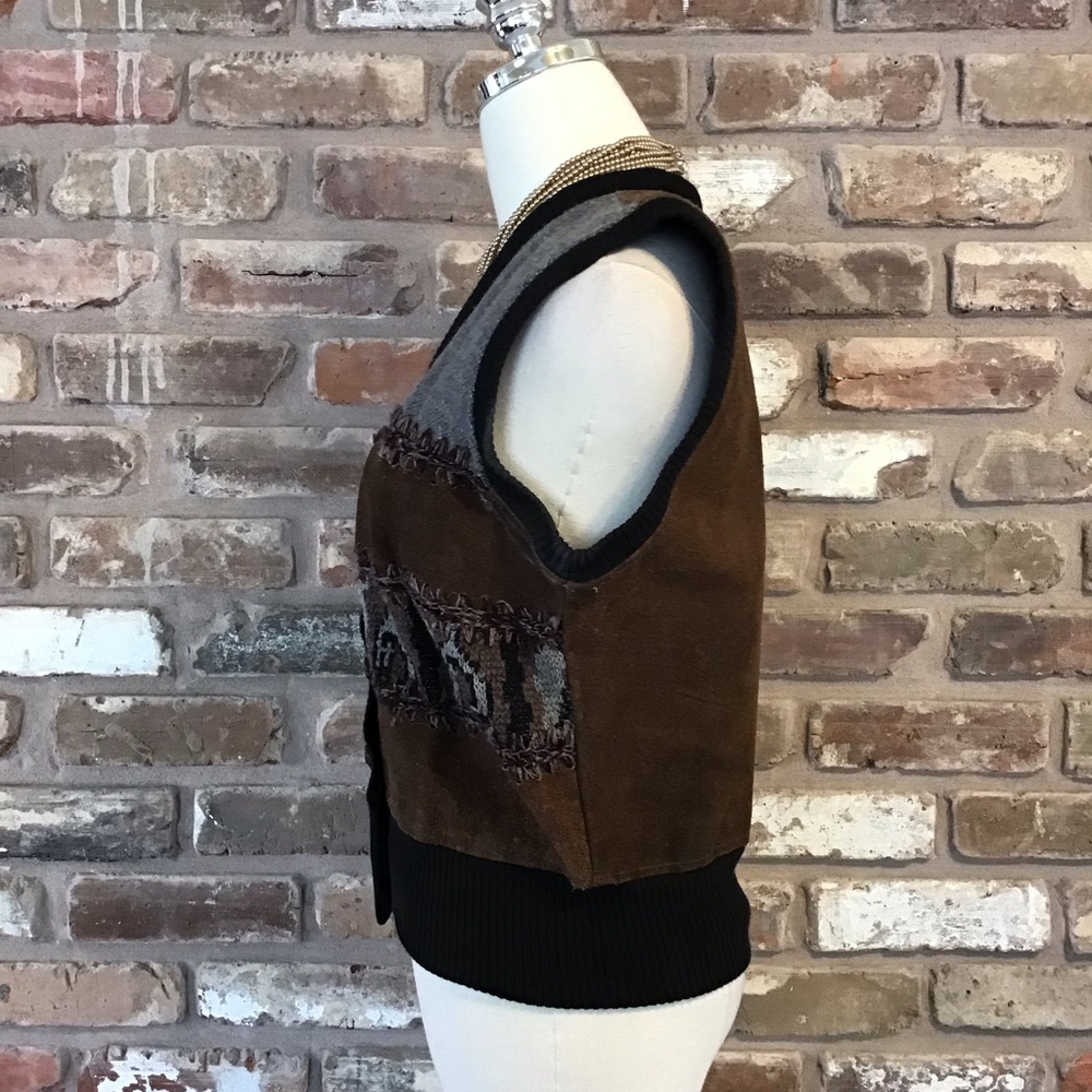 JOU JOU Women's Vintage Patchwork Brown Suede Gray Button-Up Vest L - Picture 4 of 6